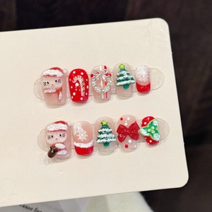 Christmas Press On Nails 3D Handmade Reusable False Nail Tips Red Bow Christmas Tree Design Holiday Festive Accessory For Women