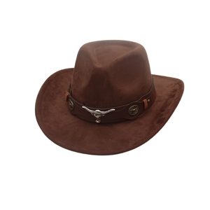 Sombrero de Vaquero del Oeste Retro Para Hombre Mujer Ala Ancha Algodón Fedora Con Decoración Cabeza de Toro de Metal Estilo Étnico Aire Libre Sol