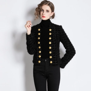 Slim fit black tweed cropped jacket featuring military-style gold buttons and fringe texture