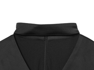 Detail shot of the stand collar and invisible zipper on a black long-sleeve V-neck blouse