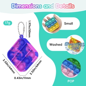 Detailed view of tie-dye silicone pop it fidget toy keychain showing size and waterproof features