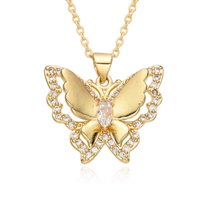 Elegant gold butterfly pendant necklace with micro-pave white cubic zirconia stones