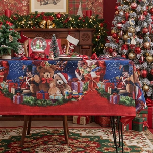 Christmas tablecloth with nutcracker and teddy bear print for festive dining table decor