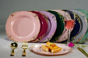 Detail of disposable plastic plates with elegant gold lace embossed edges in various colors