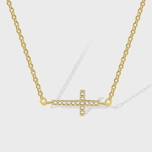 Sideways Cross Pendant Necklace Gold Plated Copper Micro Pave Zircon Elegant Minimalist Jewelry Gift For Women