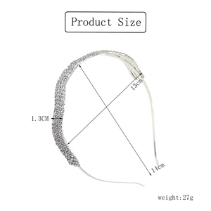 Detailed size chart of a silver rhinestone headband with dimensions 13x14cm and 1.3cm width