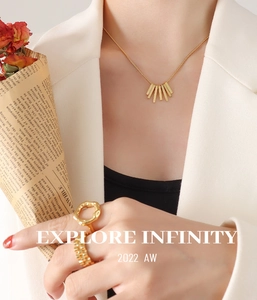 Close-up of gold geometric square pendant necklace and textured rings on model