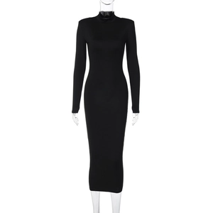 Detail shot of black high-neck bodycon maxi dress with long sleeves on white background