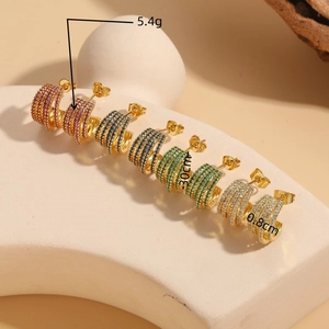Chic multi-row C-shaped earrings with colorful zircons on gold-plated base