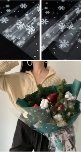 Close-up of clear Christmas wrapping paper with white snowflake patterns and floral usage