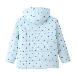 Detail view of light blue floral puffer jacket with hood and horizontal quilting