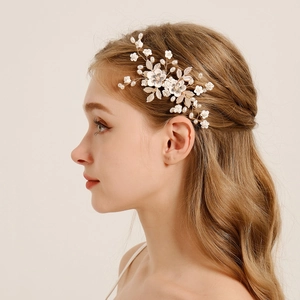 Pince à Cheveux de Mariée Florale Faite à la Main Avec Strass et Künstliche Perles d'Imitation Feuille d'Or Coiffe de Mariage Femme