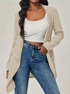 Cárdigan de punto acanalado beige para mujer con manga larga y frente abierto informal