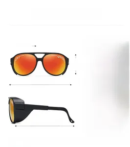 Dettagli occhiali sportivi con lenti sfumate rosse e specifiche tecniche UV400