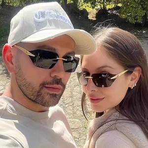 Fashion Rimless Sunglasses Geometric Oversized Metal Temples UV400 Eyewear For Men Women