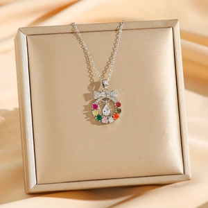 Sparkling silver necklace with colorful zircon wreath pendant and crystal teardrop