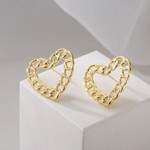 Orecchini A Lobo Cuore Vuoto Con Perno In Argento 925 Rame Placcato Oro 18K Trama Catena Stile Retrò Donna