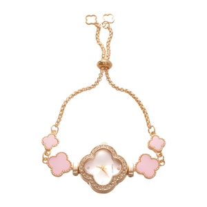 Pink lucky clover quartz bracelet watch for women with sparkling crystal accents
