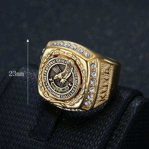 Gold-plated stainless steel Philippine eagle signet ring for men with clear crystals