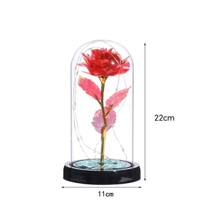Preserved red rose in a glass dome with gold stem and LED lights on a black base