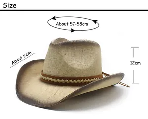 Size chart showing dimensions of the straw cowboy hat including 58cm head circumference