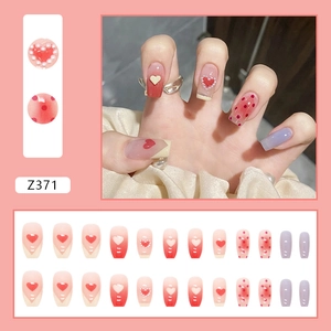 Faux ongles ballerine courts avec cœurs en perles et dégradés rouges, 24 pièces