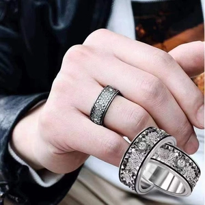Punk style gear rotation ring with crystal inlay and vintage silver finish for men