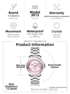 Detailansicht der Damenarmbanduhr mit rosa Zifferblatt, Silberarmband und Maßen