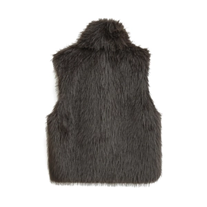 Detailed view of high-quality faux fur texture on a stylish dark grey long hair vest