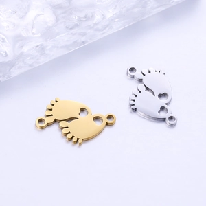 Polished stainless steel baby footprint pendants in gold and silver finish with dual holes