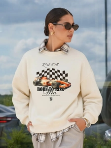 Felpa retrò americana bianco crema con stampa racing per un look street alla moda