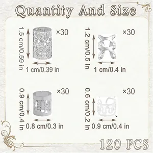 120PCS Gold and Silver Braid Hair Jewelry Set with detailed size dimensions and quantities