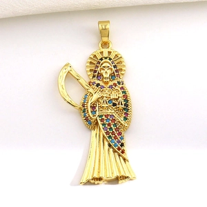 Detailed macro view of Saint Muerte pendant in gold plating with colorful zircon stones