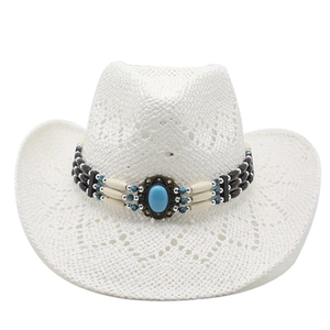 White hollow-out straw cowboy hat with bohemian turquoise and wooden bead trim