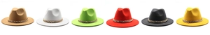 Selection of colorful wool fedora hats featuring stylish chunky gold chain decoration