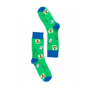 Detail of green science socks with lab hazard icons, poison vials and virus patterns