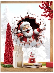 Macro view of 3D Santa Claus wall sticker applied to glass with festive decor