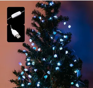 Detail of USB blue raw crystal LED fairy string lights with an integrated power switch