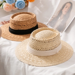 Boater Hut Papierstroh Flache Krone Breite Krempe Atmungsaktiv Sommer Strand Urlaub Band Dekor Damen Herren