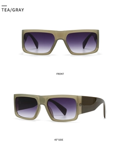 Front and side view of chunky square sunglasses with dark gray gradient lenses
