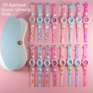 Kids 3D cartoon luminous quartz watch with unicorn mermaid silicone strap and storage box