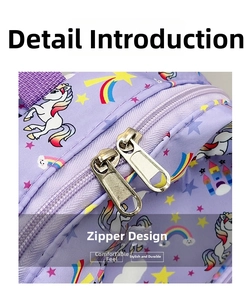 Close-up of durable dual metal zippers on purple unicorn print school backpack