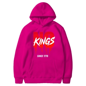 Detail of hot pink hoodie featuring Kings Since 1776 graphic print with drip effect