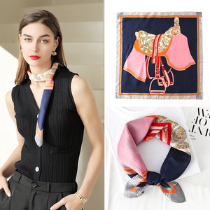 70cm square silk scarf with vintage saddle print and paisley patterns in navy and orange