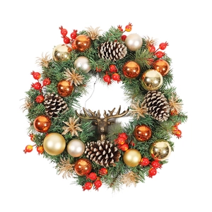 Classic Christmas wreath with green pine needles, metallic baubles, pinecones and deer head