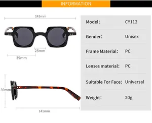 Detailed dimension chart for square punk sunglasses showing 143mm width and PC material