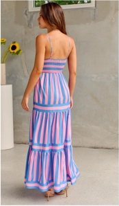 Detail view of pink and blue striped back design with elastic ruching and ruffle hemline