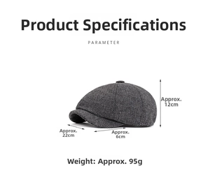 Gray tweed newsboy cap detailed size chart with dimensions and weight parameter info