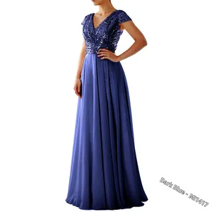 Detail of dark blue V-neck evening dress with shimmering sequins and chiffon skirt