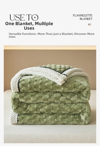 Macro detail of bean green flannel blanket showing 3D checkered texture and white woven border